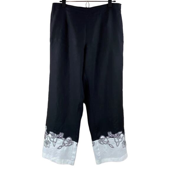 Nikki Valenti Womens 100% Irish Linen Pants Floral Embroidered Hem Size 10 - Picture 2 of 8